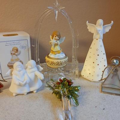 Christmas Angels - Precious moments - light up angel - stained glass angels and a Ganz Kissing Krystals cross ornament