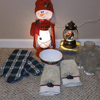 Christmas - Lantern snowman - pine mugs - pine cone towels - cardinal electric music snow globe and more