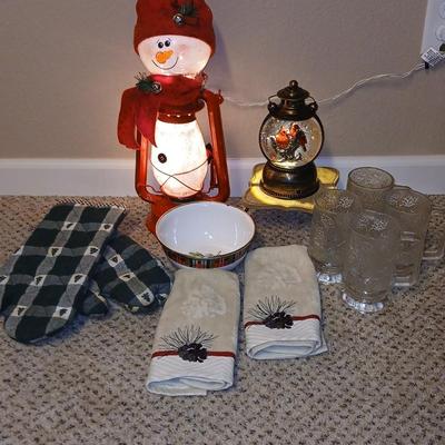 Christmas - Lantern snowman - pine mugs - pine cone towels - cardinal electric music snow globe and more
