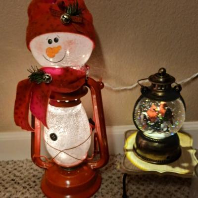Christmas - Lantern snowman - pine mugs - pine cone towels - cardinal electric music snow globe and more