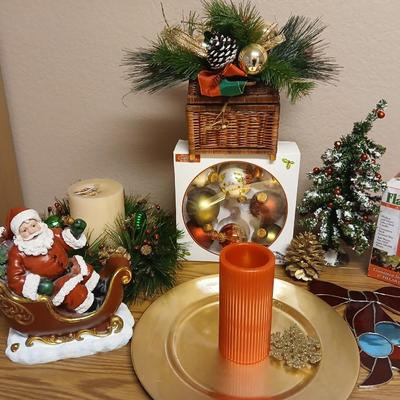 Christmas - Santa in sleigh figure -beautiful ornaments - candles - and more