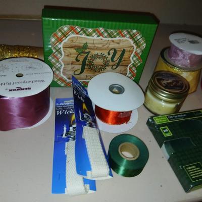 Christmas - Decorative rolls of ribbon - greeting cards - lantern wicks and faux snow