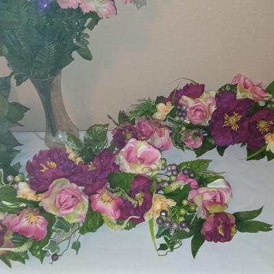 Faux flowers Boquet's and door swaths with glass vases