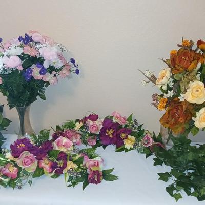 Faux flowers Boquet's and door swaths with glass vases