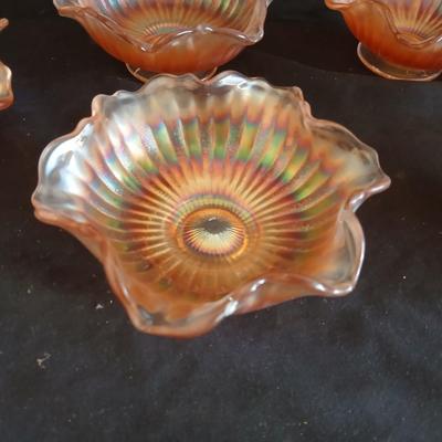 Six Vintage Carnival Glass Marigold Stipple Ray Bowls