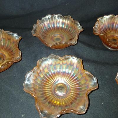 Six Vintage Carnival Glass Marigold Stipple Ray Bowls