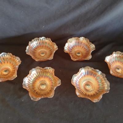 Six Vintage Carnival Glass Marigold Stipple Ray Bowls