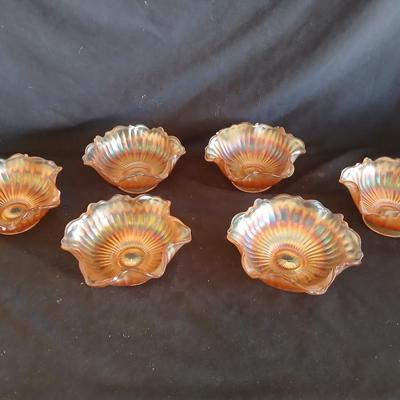 Six Vintage Carnival Glass Marigold Stipple Ray Bowls