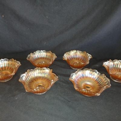 Six Vintage Carnival Glass Marigold Stipple Ray Bowls