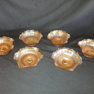 Six Vintage Carnival Glass Marigold Stipple Ray Bowls