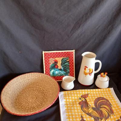 Holt Howard 1960 Rooster tea pot with cream and sugar - rooster towel - trivet and a basket