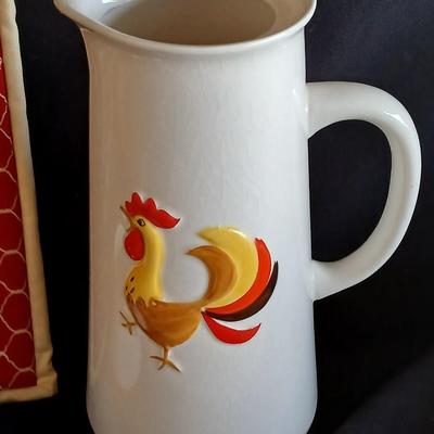 Holt Howard 1960 Rooster tea pot with cream and sugar - rooster towel - trivet and a basket