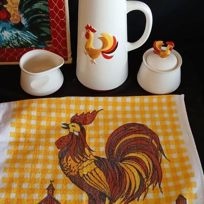 Holt Howard 1960 Rooster tea pot with cream and sugar - rooster towel - trivet and a basket