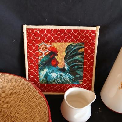 Holt Howard 1960 Rooster tea pot with cream and sugar - rooster towel - trivet and a basket