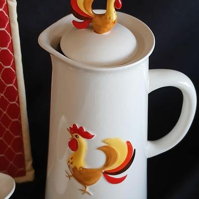 Holt Howard 1960 Rooster tea pot with cream and sugar - rooster towel - trivet and a basket