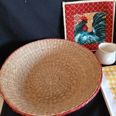 Holt Howard 1960 Rooster tea pot with cream and sugar - rooster towel - trivet and a basket