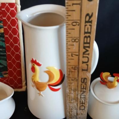 Holt Howard 1960 Rooster tea pot with cream and sugar - rooster towel - trivet and a basket