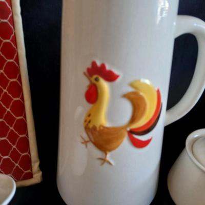 Holt Howard 1960 Rooster tea pot with cream and sugar - rooster towel - trivet and a basket