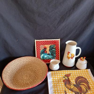 Holt Howard 1960 Rooster tea pot with cream and sugar - rooster towel - trivet and a basket