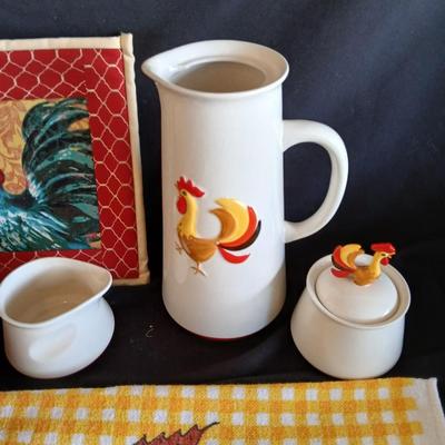 Holt Howard 1960 Rooster tea pot with cream and sugar - rooster towel - trivet and a basket