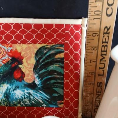 Holt Howard 1960 Rooster tea pot with cream and sugar - rooster towel - trivet and a basket