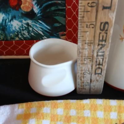 Holt Howard 1960 Rooster tea pot with cream and sugar - rooster towel - trivet and a basket