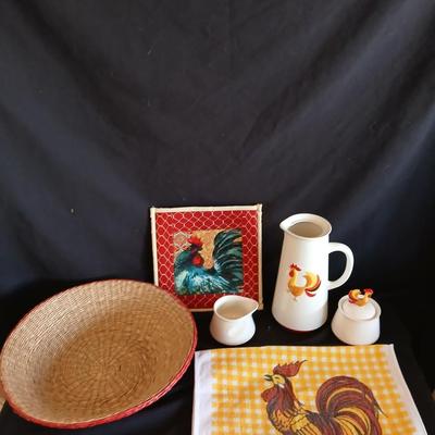 Holt Howard 1960 Rooster tea pot with cream and sugar - rooster towel - trivet and a basket