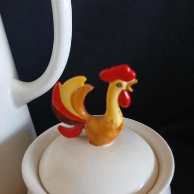 Holt Howard 1960 Rooster tea pot with cream and sugar - rooster towel - trivet and a basket