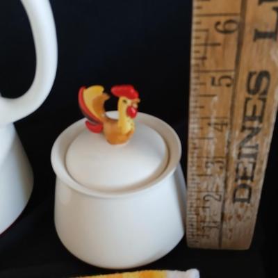 Holt Howard 1960 Rooster tea pot with cream and sugar - rooster towel - trivet and a basket