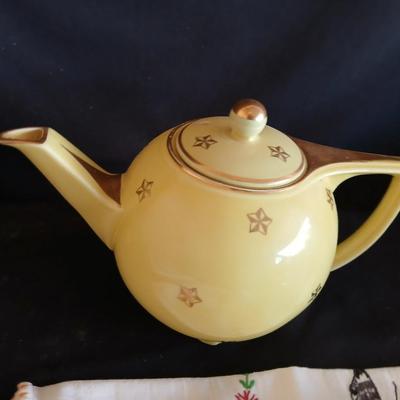 Immaculate HALL 6 cup tea pot - two brass candle holders - butterfly embroidered linen and a teacup