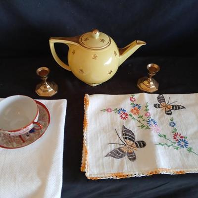 Immaculate HALL 6 cup tea pot - two brass candle holders - butterfly embroidered linen and a teacup
