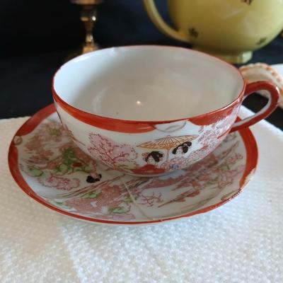Immaculate HALL 6 cup tea pot - two brass candle holders - butterfly embroidered linen and a teacup