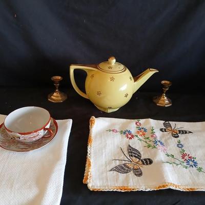 Immaculate HALL 6 cup tea pot - two brass candle holders - butterfly embroidered linen and a teacup