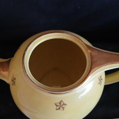 Immaculate HALL 6 cup tea pot - two brass candle holders - butterfly embroidered linen and a teacup
