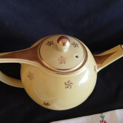 Immaculate HALL 6 cup tea pot - two brass candle holders - butterfly embroidered linen and a teacup