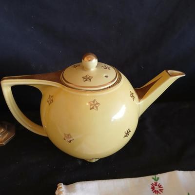 Immaculate HALL 6 cup tea pot - two brass candle holders - butterfly embroidered linen and a teacup