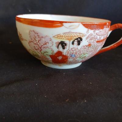 Immaculate HALL 6 cup tea pot - two brass candle holders - butterfly embroidered linen and a teacup