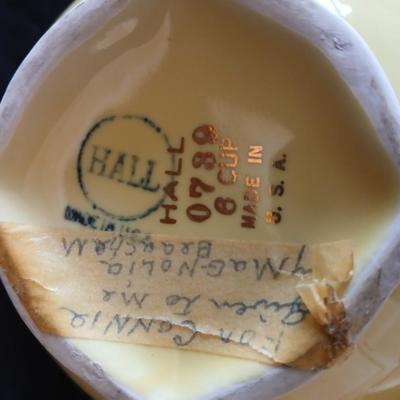 Immaculate HALL 6 cup tea pot - two brass candle holders - butterfly embroidered linen and a teacup