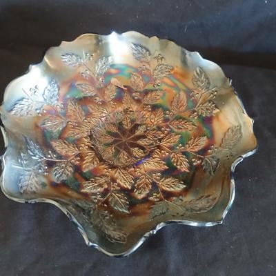 Vintage Iridescent Holly Fenton Carnival Glass 9-inch Bowl - Retro Bowl, Holly Dish, Fenton Glass