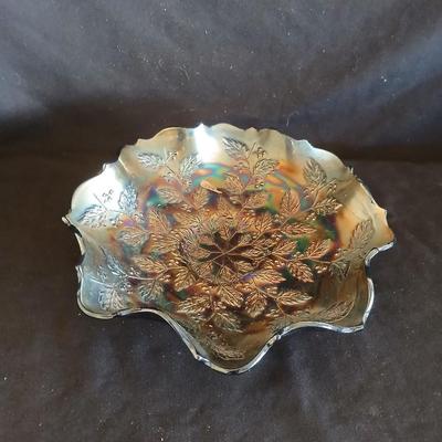 Vintage Iridescent Holly Fenton Carnival Glass 9-inch Bowl - Retro Bowl, Holly Dish, Fenton Glass