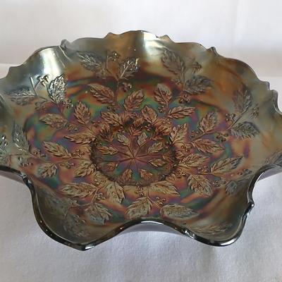 Vintage Iridescent Holly Fenton Carnival Glass 9-inch Bowl - Retro Bowl, Holly Dish, Fenton Glass