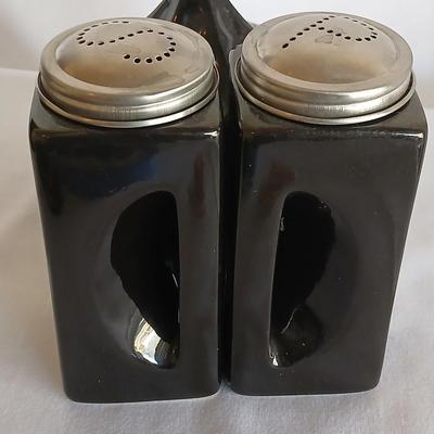 Large OGGI salt & Pepper shakers - Black bird pie funnel - and a Colonial Black Tiara Hexagon Candy Box