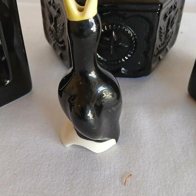Large OGGI salt & Pepper shakers - Black bird pie funnel - and a Colonial Black Tiara Hexagon Candy Box