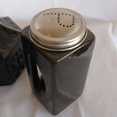 Large OGGI salt & Pepper shakers - Black bird pie funnel - and a Colonial Black Tiara Hexagon Candy Box