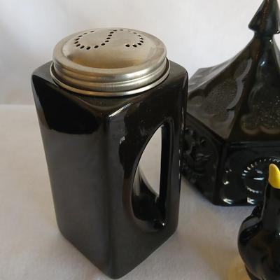 Large OGGI salt & Pepper shakers - Black bird pie funnel - and a Colonial Black Tiara Hexagon Candy Box