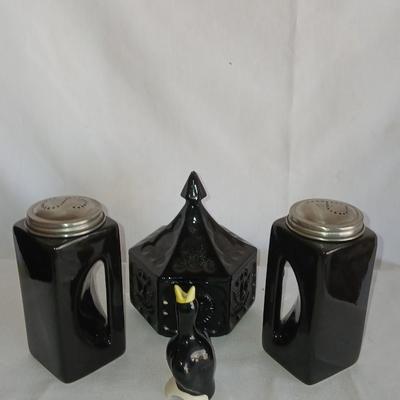 Large OGGI salt & Pepper shakers - Black bird pie funnel - and a Colonial Black Tiara Hexagon Candy Box