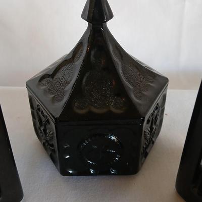 Large OGGI salt & Pepper shakers - Black bird pie funnel - and a Colonial Black Tiara Hexagon Candy Box