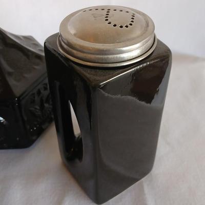 Large OGGI salt & Pepper shakers - Black bird pie funnel - and a Colonial Black Tiara Hexagon Candy Box