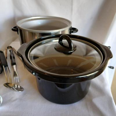 Three-piece Crock Pot the original slow cooker with some serving utensils