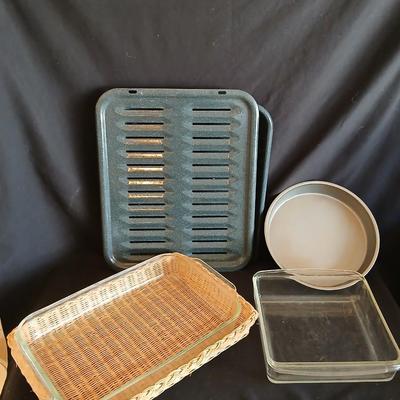 Glass cake dish - broiler pan - Pie pan and a basket for the cake dish